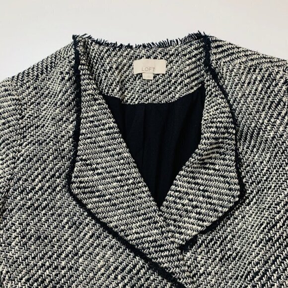 Ann Taylor LOFT Jacket BlazerTweed Black White Fringe Double Breast Knit Cardiga - Picture 3 of 8
